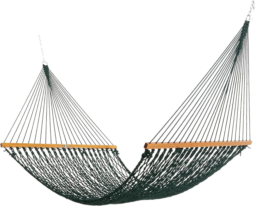 Original Pawleys Island Large Green DuraCord Rope Hammock – 13 ft. x 55 in., 2-Person, 450 lb Capacity, Oak Spreader Bar, Zinc-Plated Hardware, Handcrafted in The USA