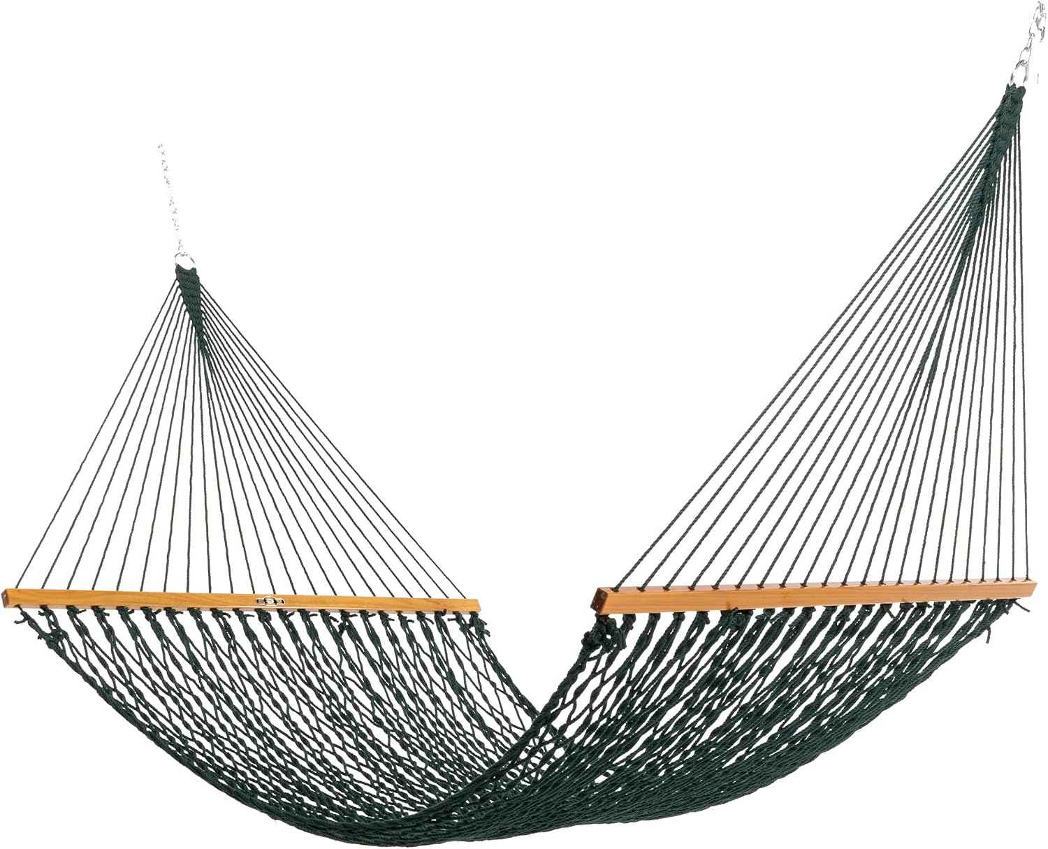 Original Pawleys Island Large Green DuraCord Rope Hammock – 13 ft. x 55 in., 2-Person, 450 lb Capacity, Oak Spreader Bar, Zinc-Plated Hardware, Handcrafted in The USA