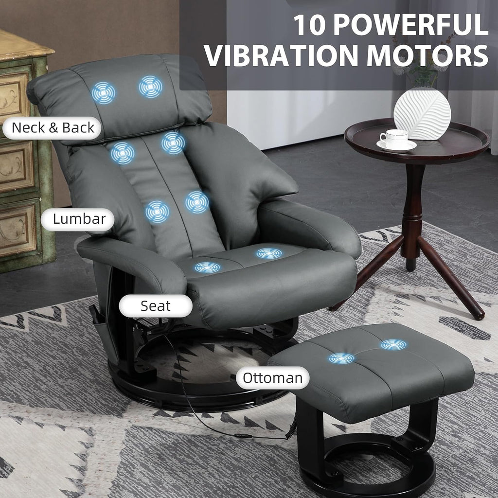 HOMCOM Massage Recliner Chair with Ottoman, 360° Swivel Recliner and Footstool, 10 Point Vibration, PU Leather Reclining Chair with Side Pocket and Remote Control, Gray