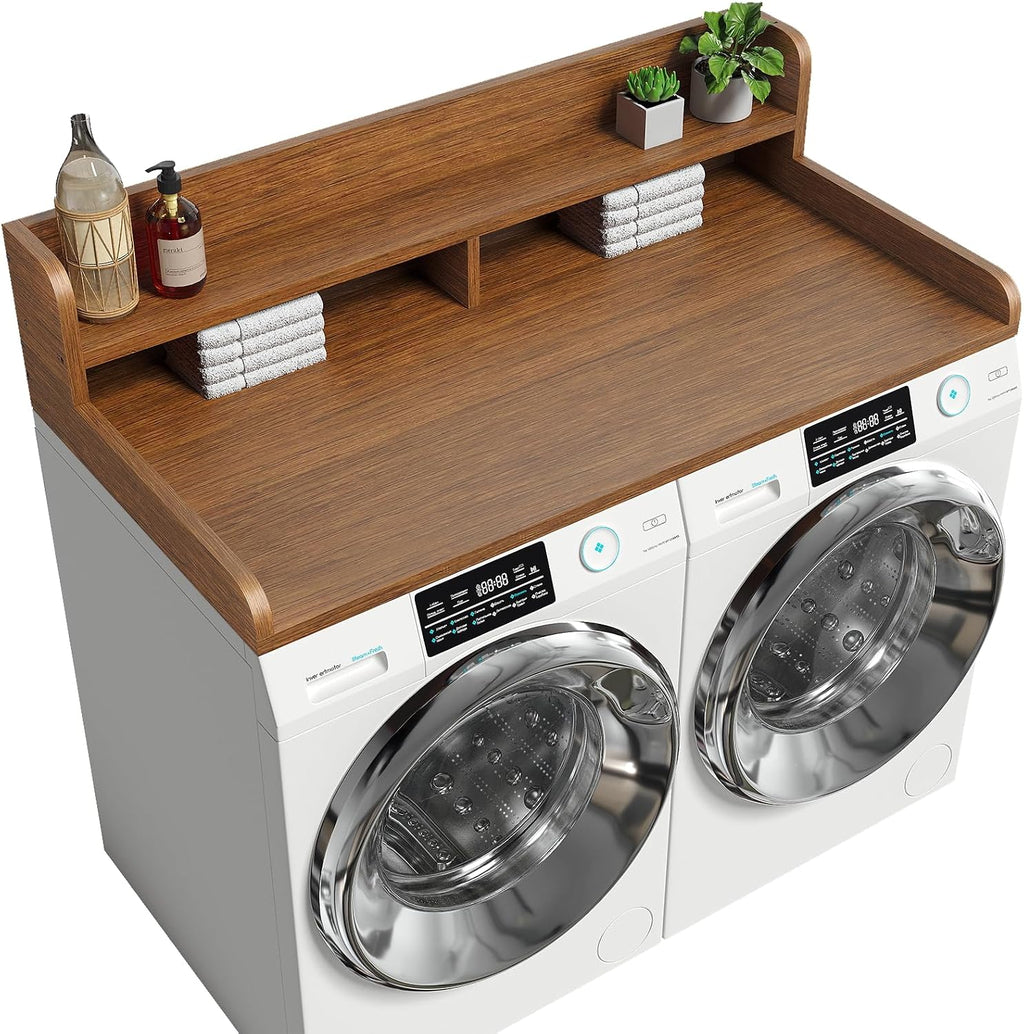 2-Tier Washer Dryer Countertop with 2.75'H Edge Rails, 54' W x 27.55' D Laundry Countertop for Folding Clothes, Washer and Dryer Topper with Non-Slip Pad (Brown)