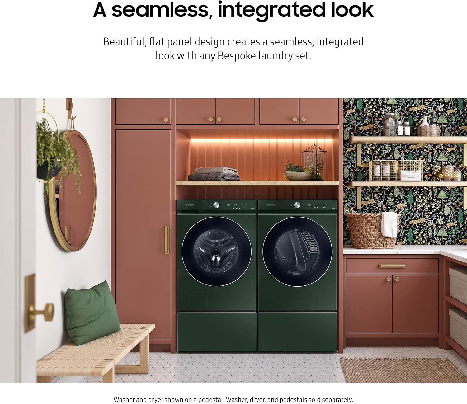 SAMSUNG 27-Inch Bespoke Front Load Washer Dryer Pedestal Stand w/ Pull Out Laundry Storage Drawer, WE502NG, Forest Green