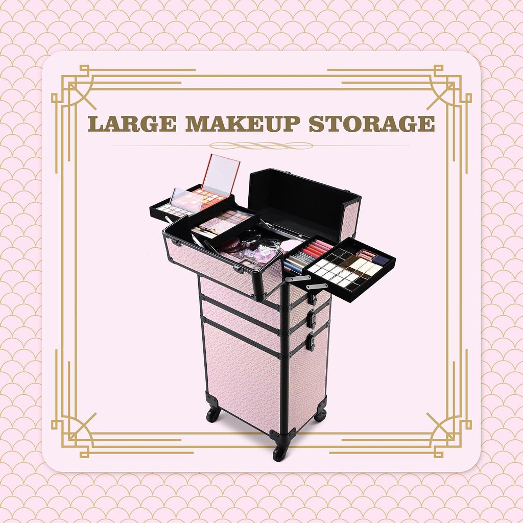 BYOOTIQUE Rolling Makeup Case Large 4in1 Cosmetology Case on Wheels,Easy Access Cosmetic Organizer Travel Case for Makeup Artist Hairstylist,Art Deco Bloom