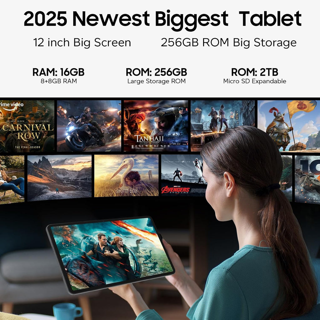 Tablet 12 inch Large Screen, Android 15 Tablet 16GB RAM 256GB ROM, 2K 2000x1200 Incell Widevine L1 Display, Gaming Tablets with Helio G99 Octa-core, 8000mAh 18W Fast Charge Tablets, AI Support, GPS