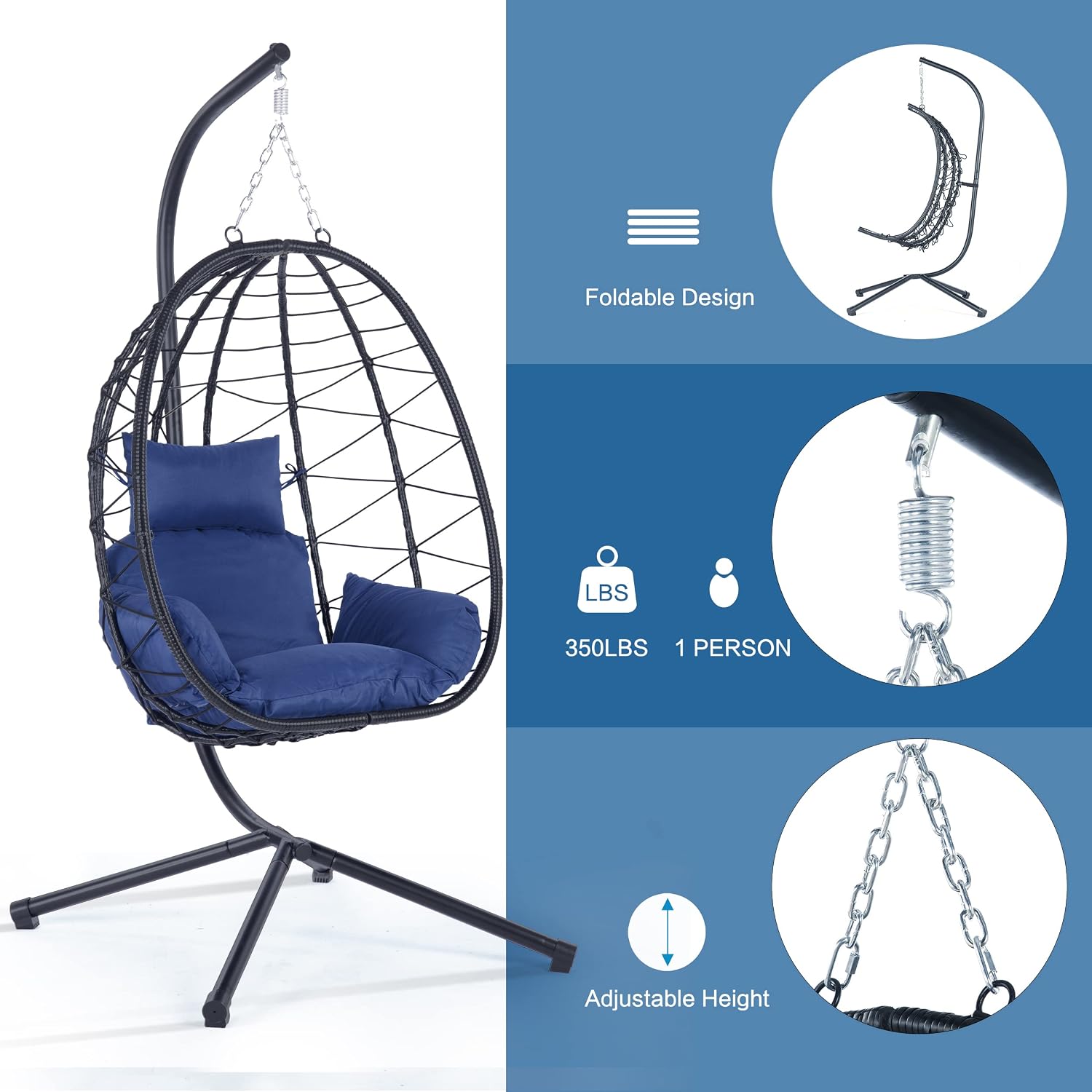 Egg Chair with Stand Indoor Outdoor Swing Chair Patio Wicker Hanging Egg Chair Hanging Basket Chair Hammock Chair with Stand for Bedroom Living Room Balcony