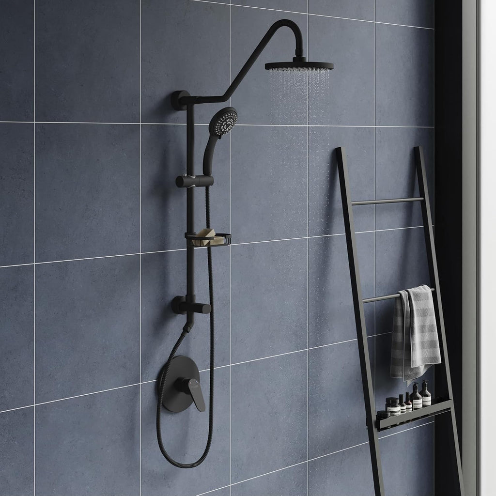 PULSE ShowerSpas Kauai III Matte Black Rain Shower Head with Handheld Spray - 1.8 GPM, 8' Showerhead, 5-Function HandShower, Adjustable Slide Bar - Shower Heads with Handheld Spray Combo
