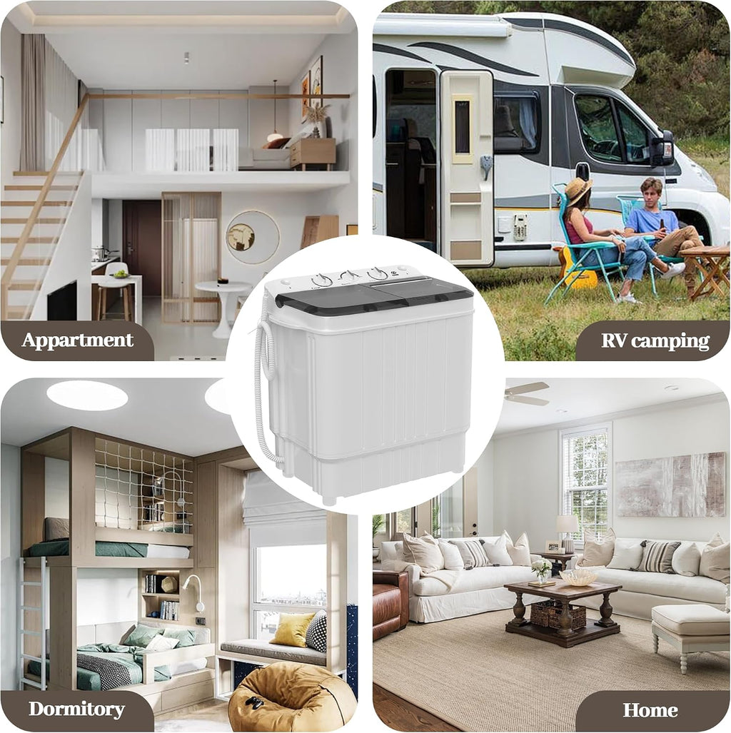 Elevon Portable Washing Machine Twin Tub 17.6 Lbs Capacity, (11 Lbs) and Spinner(6.6 Lbs) Combo Mini Compact Laundry Washer for Home, Apartment, Camping, RVs and Dorms, Black/White