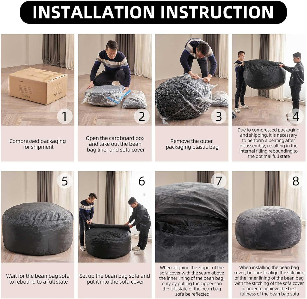 Extra Large Bean Bag Chairs for Adults 6FT Bean Bags with Filler Included Memory Foam Chair Soft and Comfortable Giant Bean Bag, Suitable for Bedroom, Dormitory Gaming and Gaming Chairs(Black)