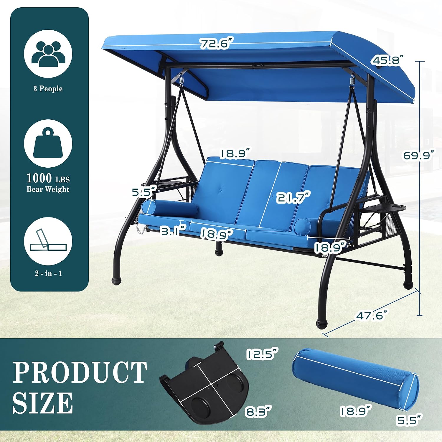 MAGIC UNION 3-Seat Outdoor Patio Swings with Canopy Adjustable Porch Swing with Stand, Upgrade Pillows Cushions and Foldable Side Tray for Patio, Backyard (Blue)