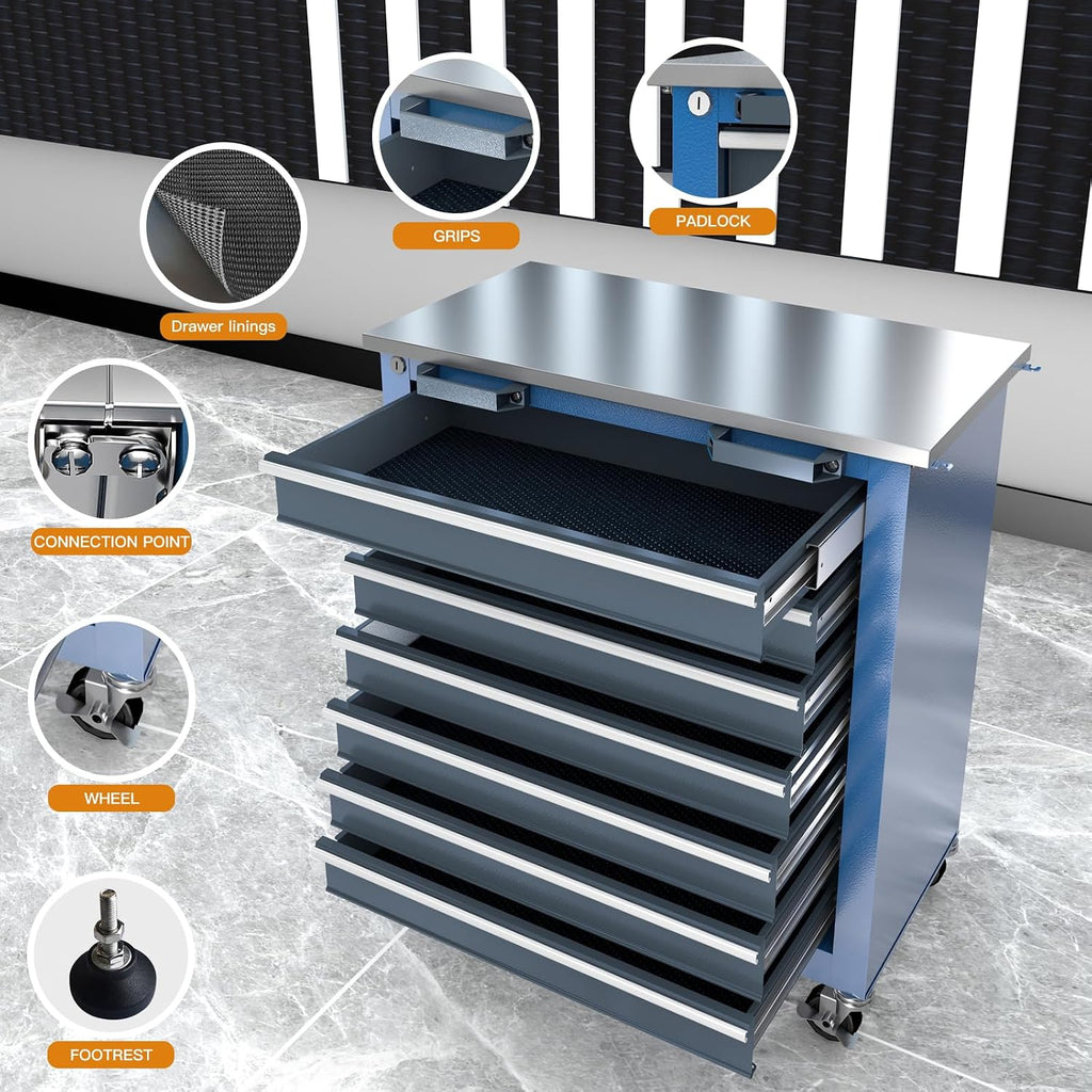 Rolling Tool Chest with Connection Buckle,7-Drawer Tool Chest and 8-Drawer Tool Box with Metal Stainless Tabletop,Locking System Storage Tool Cabinet with 360° Brake Swivel Wheels and Foot Pad