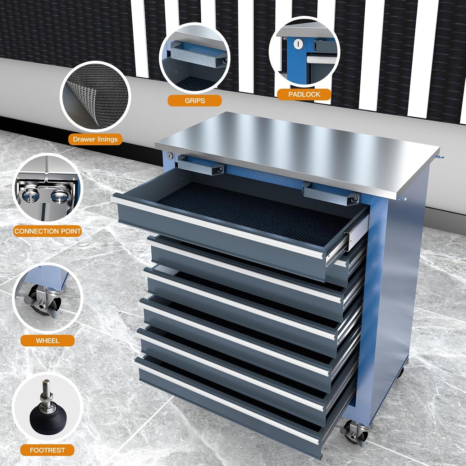 Rolling Tool Chest with Connection Buckle,7-Drawer Tool Chest and 8-Drawer Tool Box with Metal Stainless Tabletop,Locking System Storage Tool Cabinet with 360° Brake Swivel Wheels and Foot Pad