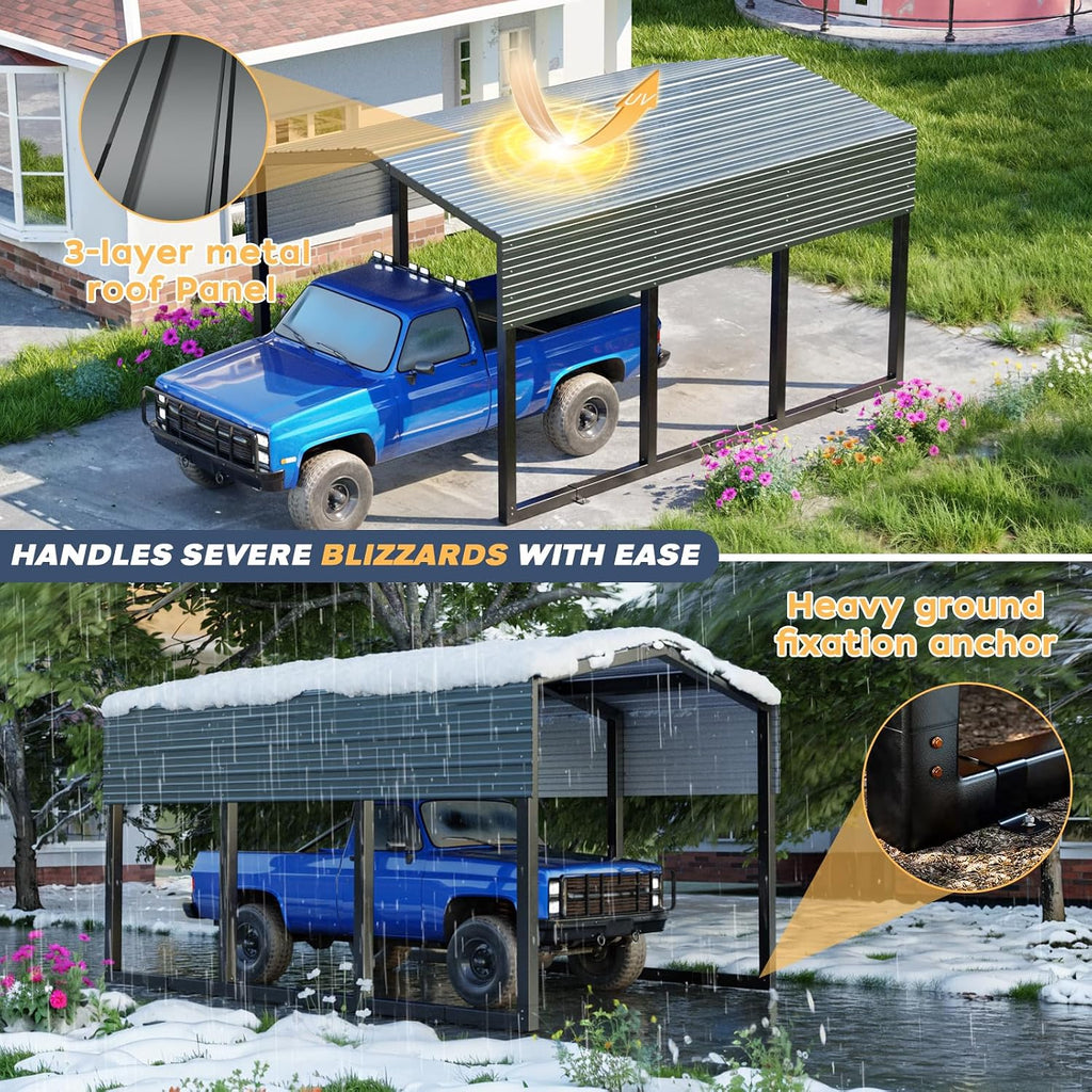 Metal Carport 10x15ft Heavy-Duty | Military-Grade Reinforced Garage Kits with Steel Roof & Hurricane | 80lbs/Sq.Ft Snow/RV/Camper/Truck/Tractor Shelter Outdoor