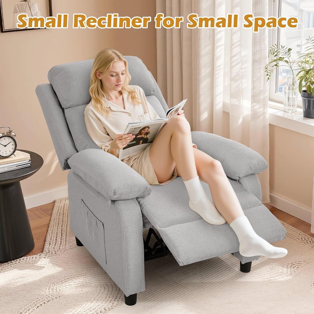 Korser Recliner Chair, Living Room Chairs for Adults, Padded Deep Seat Reading Chair with Side Pockets, Small Recliners for Small Spaces, Lounge Chair for Living Room, Bedroom, and RV (Linen)