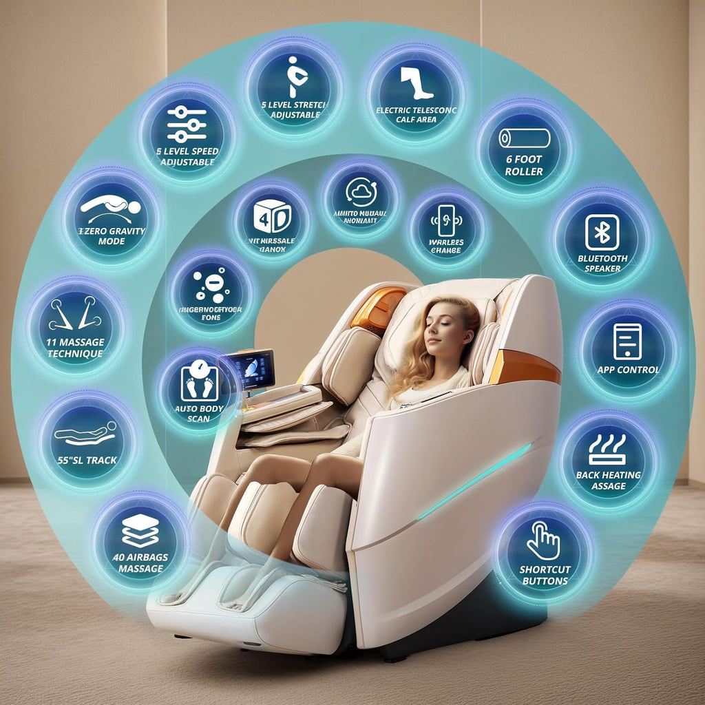 HealthRelife 4D Massage Chair Full Body Zero Gravity Recliner - 55' SL-Track,20 Auto Modes,11 Massage Technique,40 Airbags Massage,with Yoga Stretch,APP Control,Negative Oxygen lons（Beige）