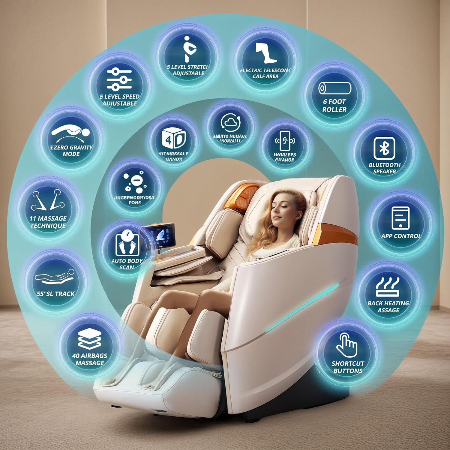 HealthRelife 4D Massage Chair Full Body Zero Gravity Recliner - 55' SL-Track,20 Auto Modes,11 Massage Technique,40 Airbags Massage,with Yoga Stretch,APP Control,Negative Oxygen lons（Beige）
