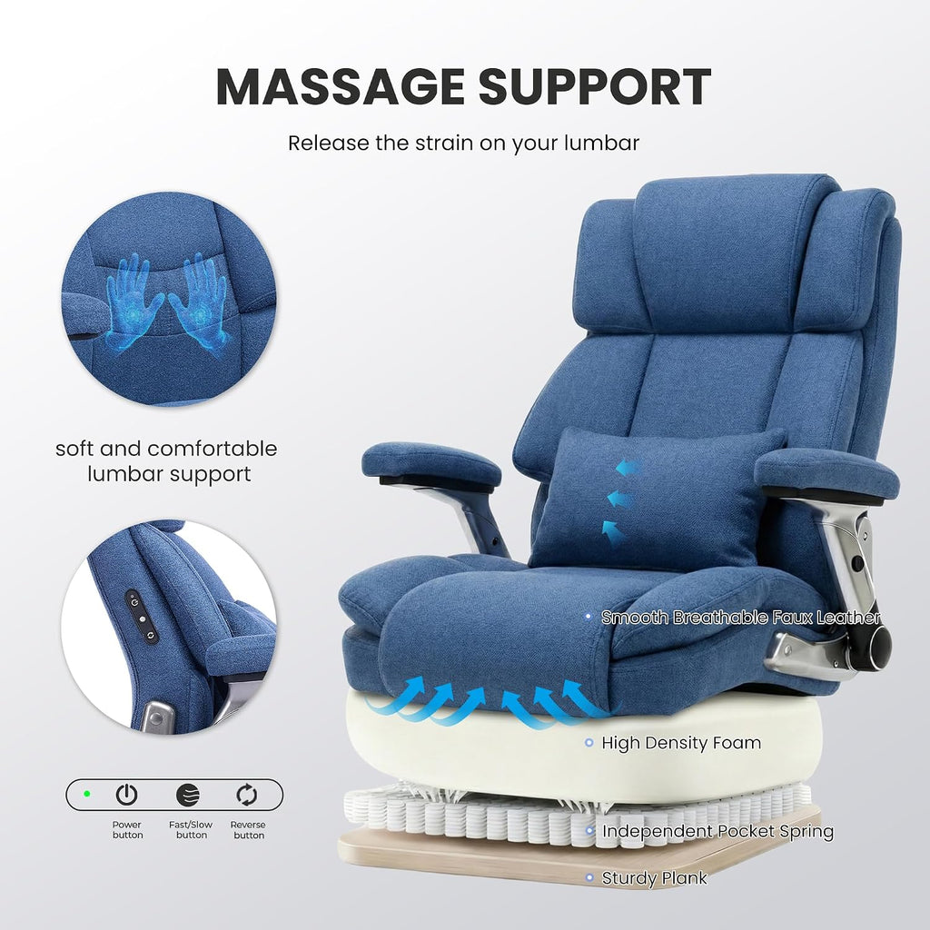 750lbs Heavy Duty Desk Chair with 3D Kneading Massage, Big and Tall Office Chairs with Ergonomic Support, 3D Armrests, 5 Quiet Dual Rubber Wheel, Thick Pocket Spring Cushion(Blue, Fabric)