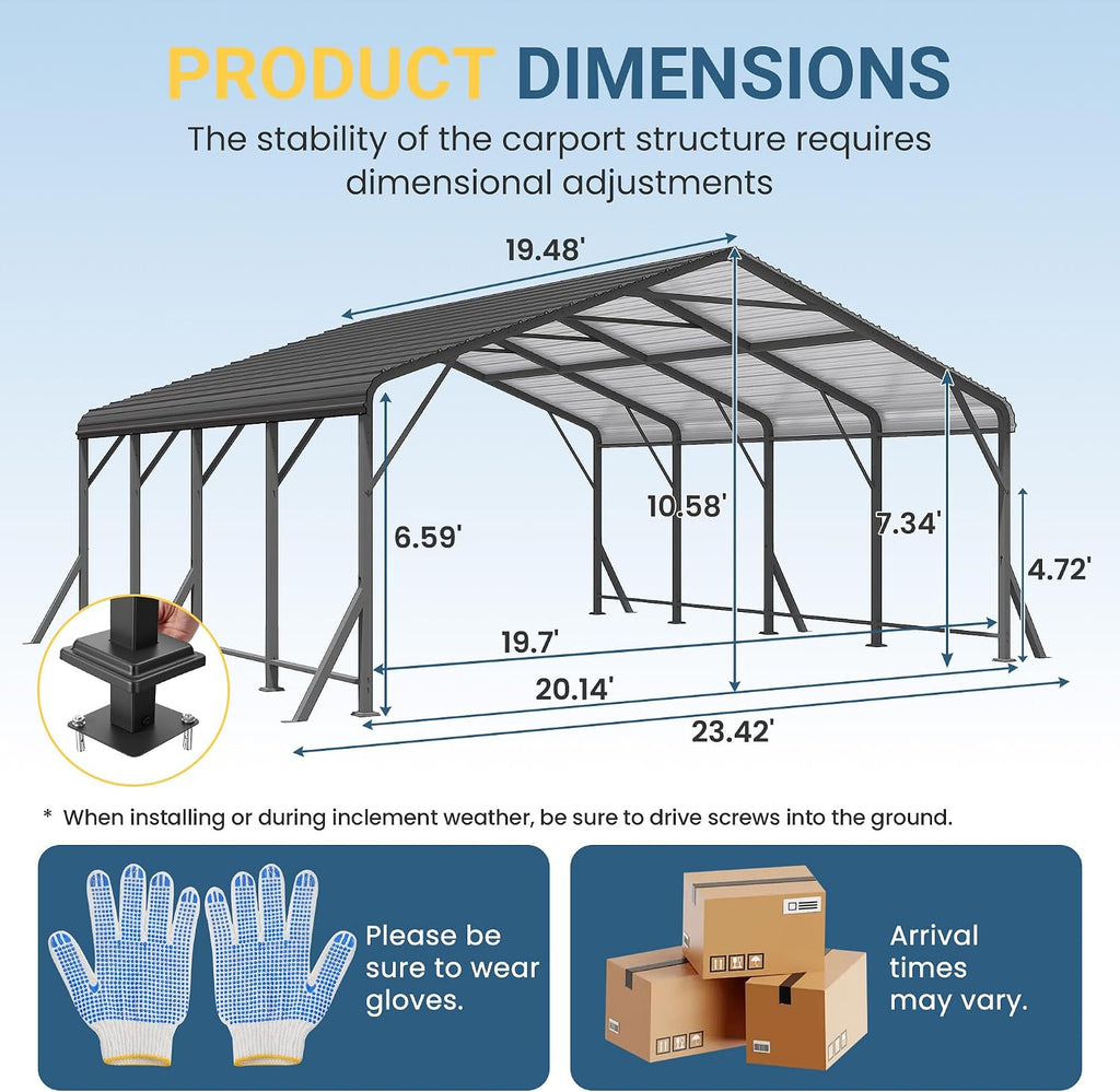 20x20 FT Metal Carport with Updated Roof & Enhanced Base, Heavy Duty Canopy Carport Garage, Vertaile for Car, Truck, Boat, Tractors, Party, Grey