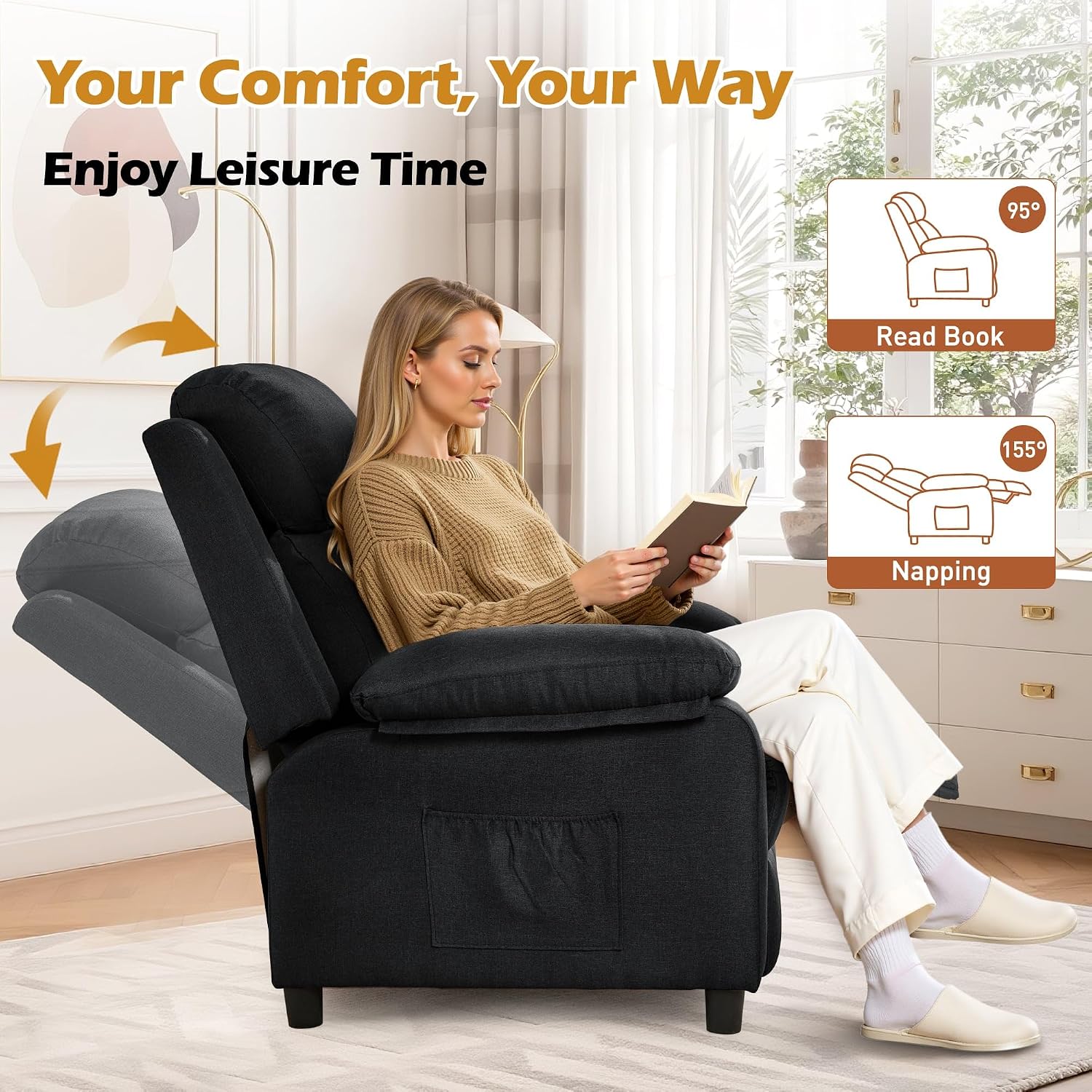 Korser Recliner Chair, Living Room Chairs for Adults, Padded Deep Seat Reading Chair with Side Pockets, Small Recliners for Small Spaces, Lounge Chair for Living Room, Bedroom, and RV (Linen)
