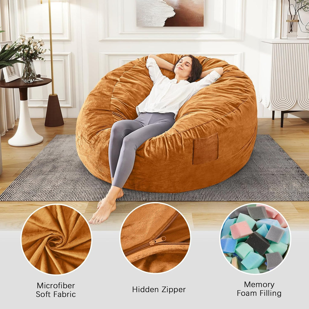 Bean Bag Chairs for Adults - Giant Bean Bag Chair Convertible Bean Bag Bed - Beanbag Chair with Micro Fiber Cover/Furniture Foam Filler - Floor Couch Sofa in Bedroom Dorm Room - Full Golden Brown