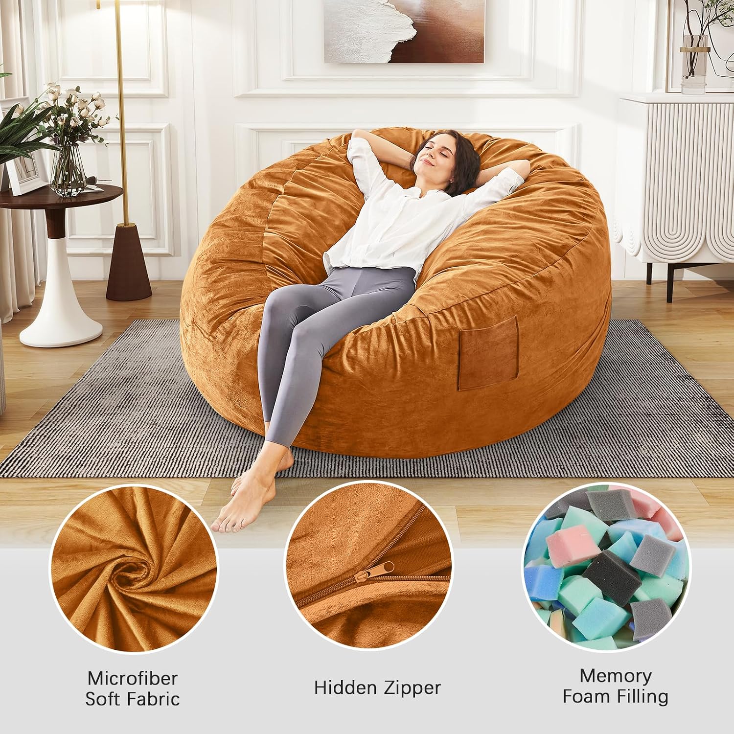 Bean Bag Chairs for Adults - Giant Bean Bag Chair Convertible Bean Bag Bed - Beanbag Chair with Micro Fiber Cover/Furniture Foam Filler - Floor Couch Sofa in Bedroom Dorm Room - Full Golden Brown