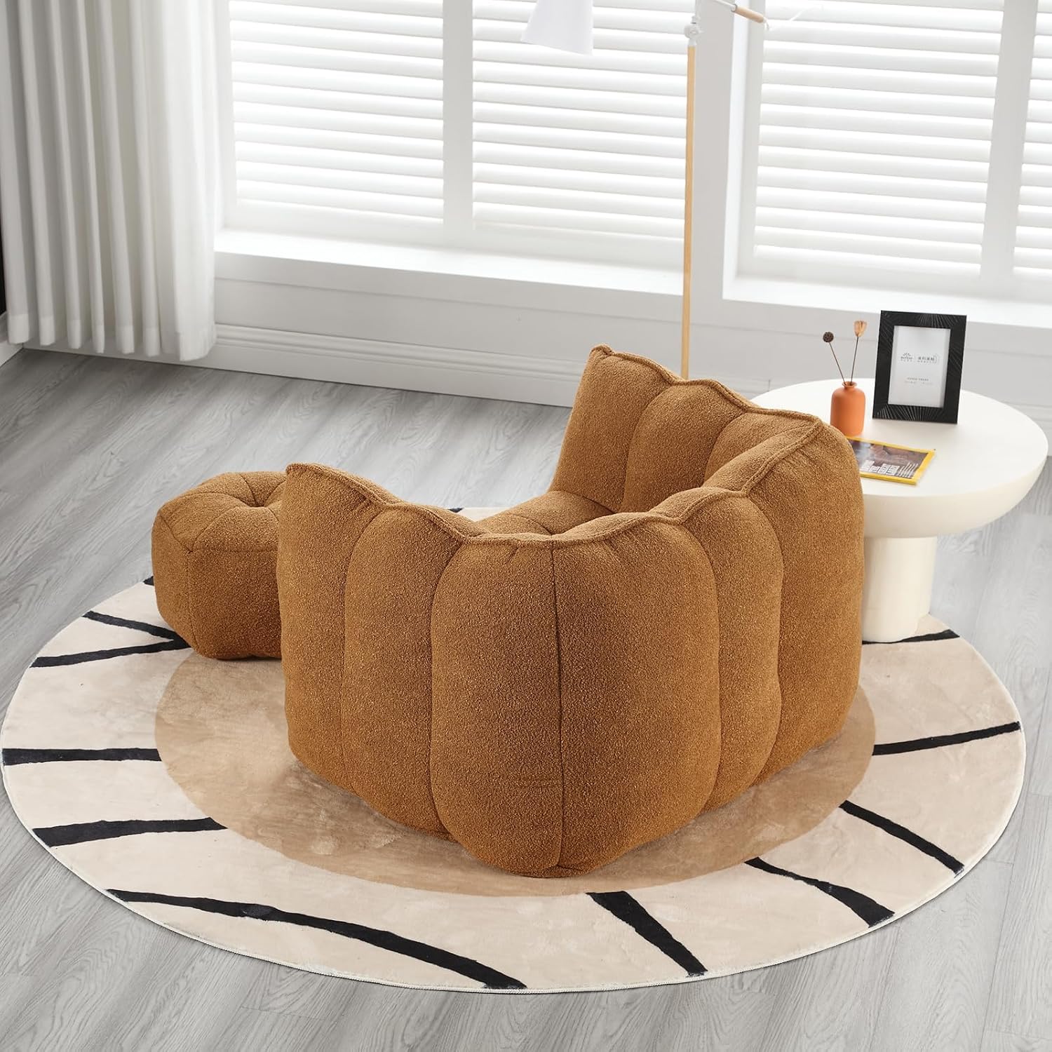Giant Bean Bag Chair with Ottoman, Oversized Beanbag Chair for Adults, Comfy Floor Sofa Chair with Foam Filler, Pumpkin Lazy Lounger for Living Room, Game Room, Reading Corner, Chenille Yellow