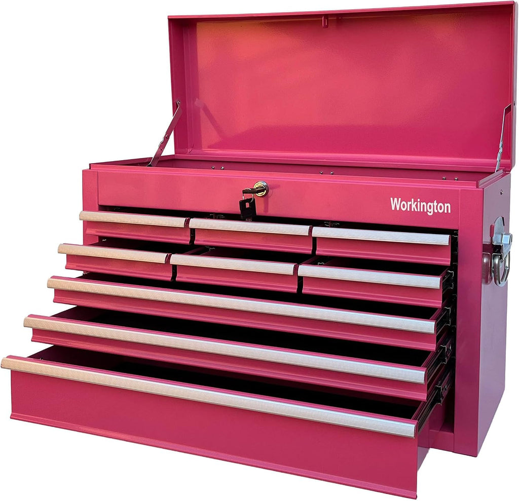 Workington Portable Metal Tool Chest with 9 Drawers, 24' 9-Drawer Tool Chest Cabinet with Ball Bearing Drawer Slides, Steel Tool Storage Box Organizer 4006 Pink