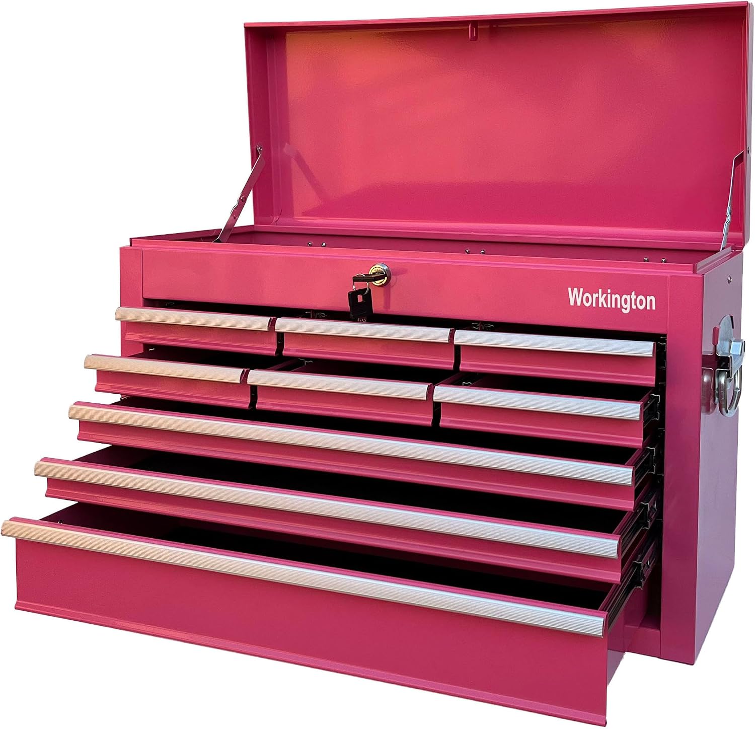 Workington Portable Metal Tool Chest with 9 Drawers, 24' 9-Drawer Tool Chest Cabinet with Ball Bearing Drawer Slides, Steel Tool Storage Box Organizer 4006 Pink