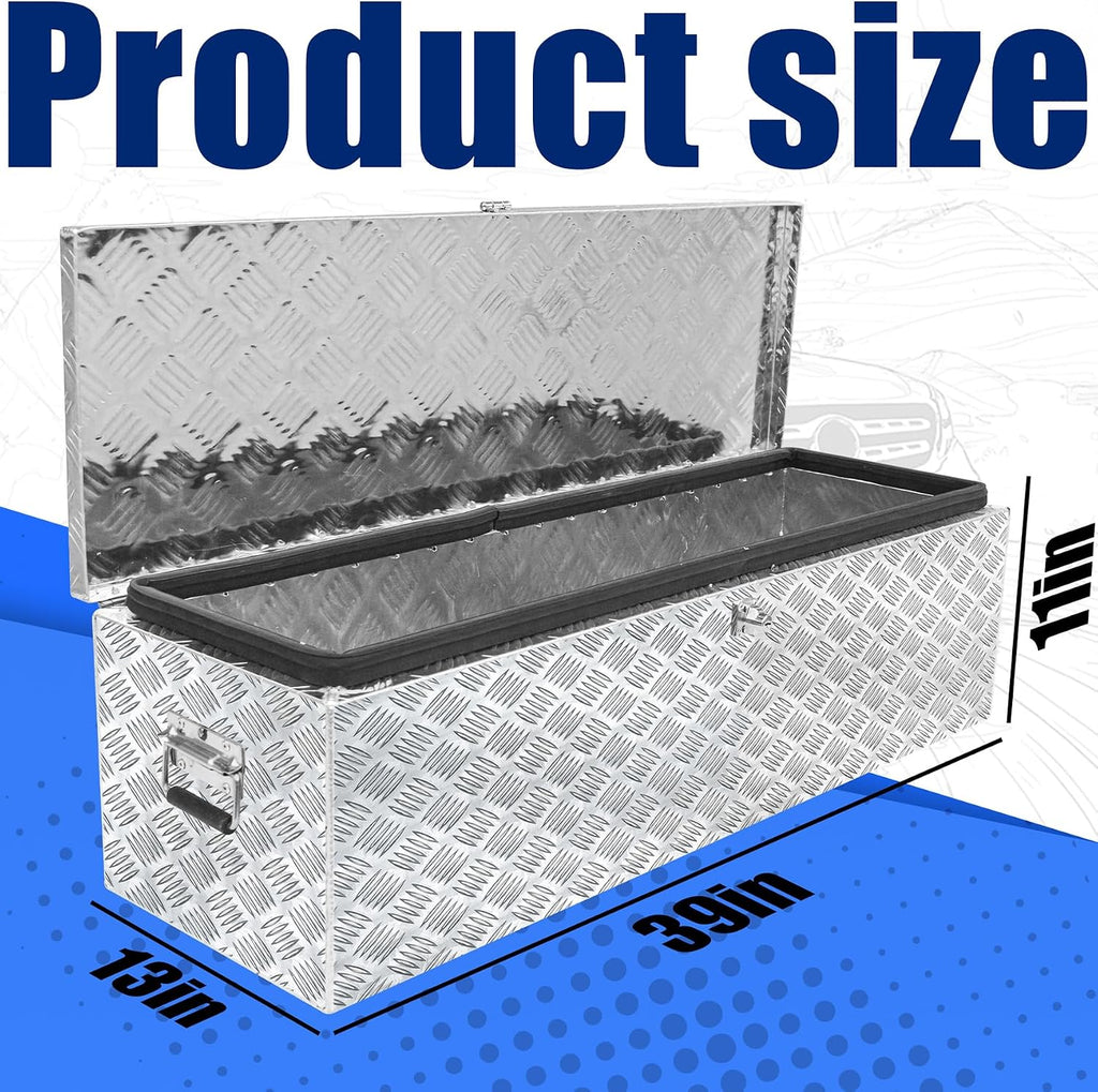Aluminum Underbody Truck Box 39'×13'×11' Pick up Square Storage Toolbox Heavy Duty Diamond Plate Tool Boxes with Side Handle Buckle Lock and Keys for Storage and Organization