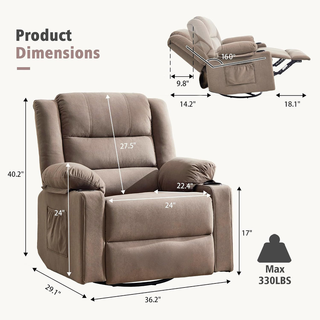 Ketaiyou Rocker Swivel Recliner Chair for Adults, Overstuffed Large Manual Recliner Glider with Massage and Heat, Comfy Soft Fabric Living Room Reclining Sofa Chair (Mocha)