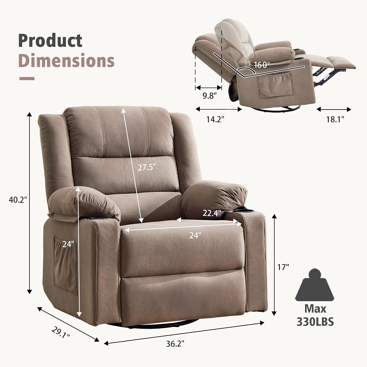 Ketaiyou Rocker Swivel Recliner Chair for Adults, Overstuffed Large Manual Recliner Glider with Massage and Heat, Comfy Soft Fabric Living Room Reclining Sofa Chair (Mocha)