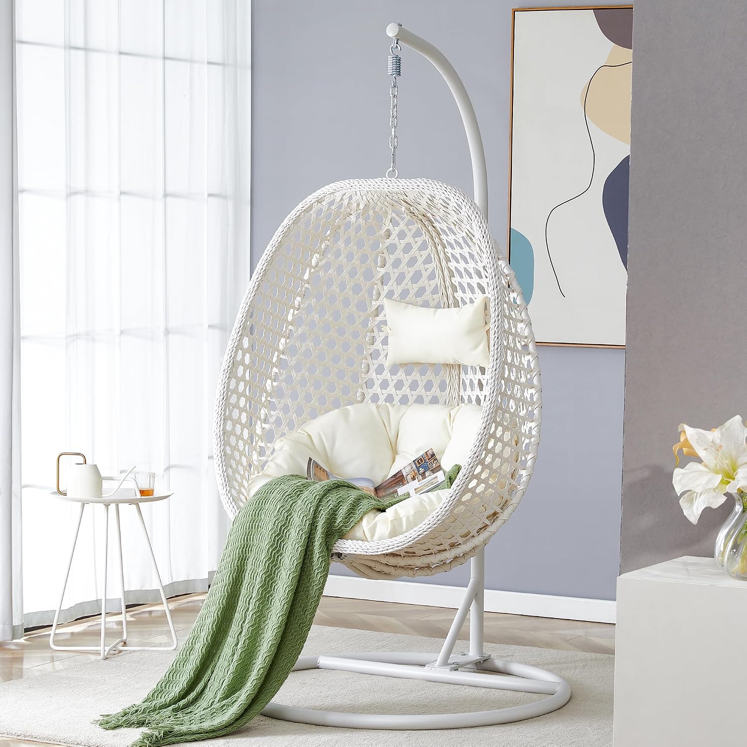 Egg Swing Chair with Stand,Rattan Swing Egg Chair with Stand, White Hanging Egg with Soft Cushion, Outdoor Hanging with Foldable Basket and Metal Stand for Bedroom Patio