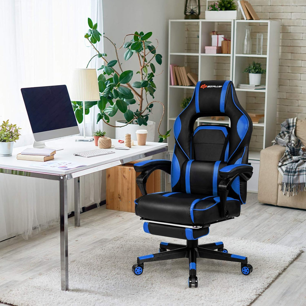 POWERSTONE Gaming Chair Adjustable High Back PU Computer Chair with Footrest Massage Lumbar Support Headrest Thick Armrest Rolling Swivel Desk Chair, Navy Blue