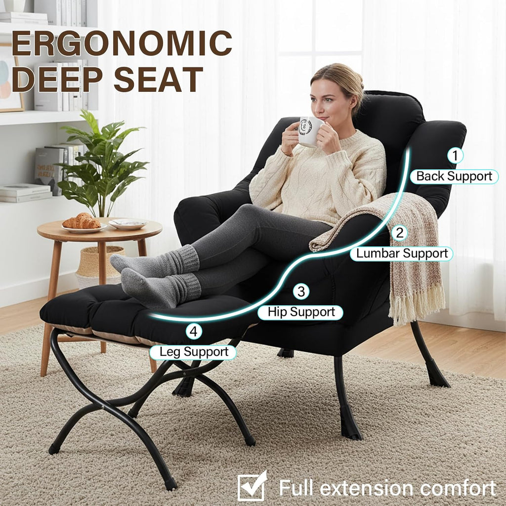 Welnow Lazy Chair with Ottoman, Modern Accent Chair with Armrests and a Side Pocket, Leisure Sofa Armchair Set, Reading Armchair with Footrest for Small Space, Black