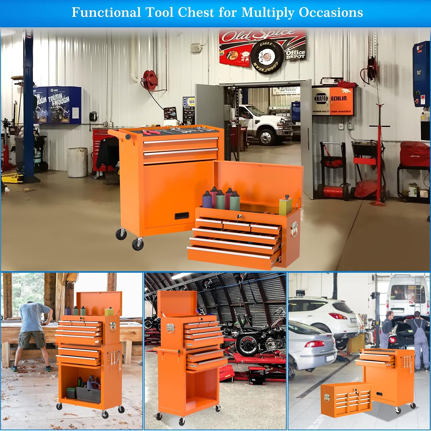 Go Big 8-Drawers Tool Chest Tool Box, Rolling Tool Chest with Wheels, Rolling Tool Box with Wheels, Garage Tool Storage Cabinet on Wheels, Locking System Toolbox(Orange)