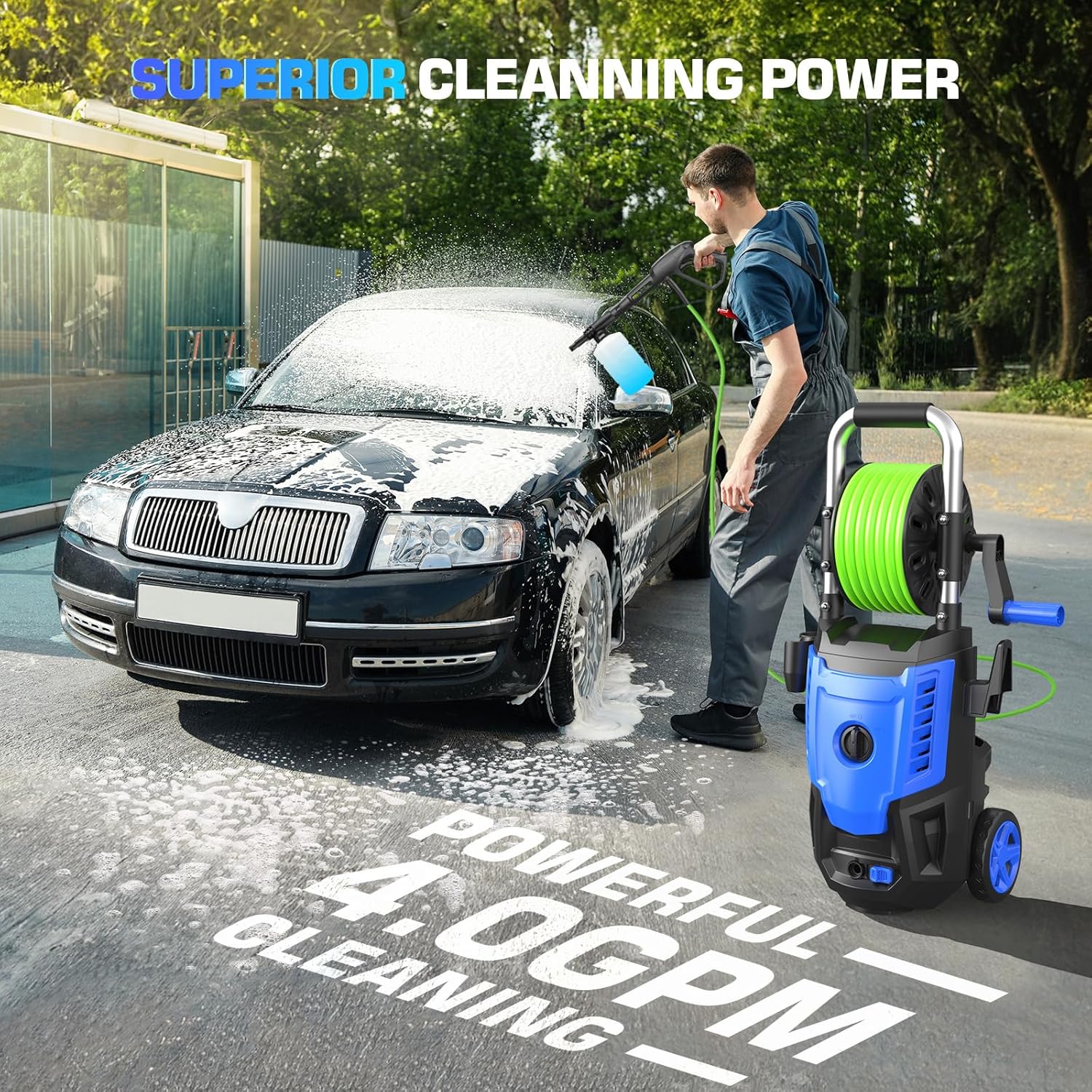 4800 PSI Electric Pressure Washer- 4.0 GPM High Power Washer with 33FT Hose Reel, 4 Spray Tips and Soap Bottle for Car Washing, Fence Cleaning, Patio Maintenance（Upgraded）(Blue)