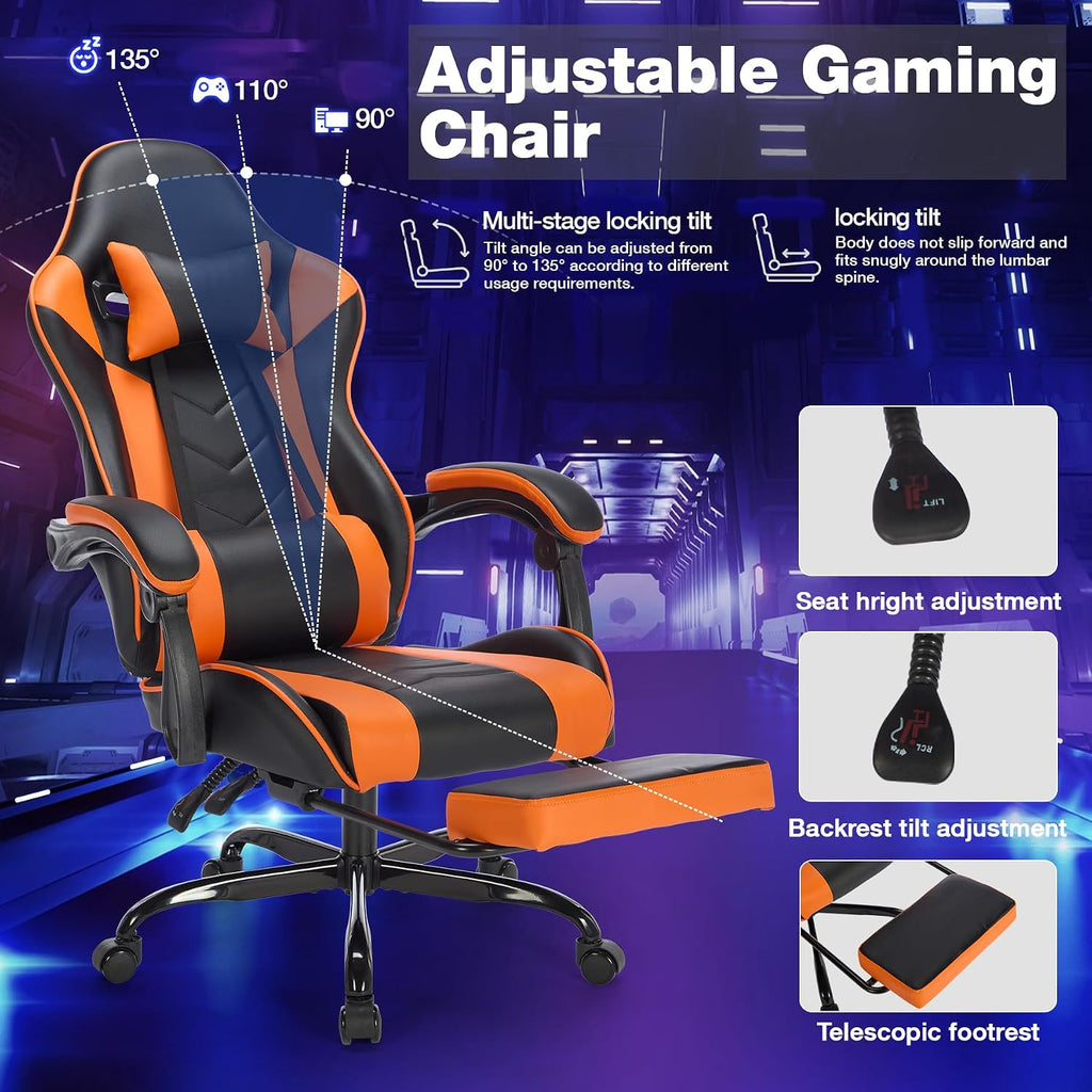 Gaming Chair with Massage and Footrest, Ergonomic High Back PC Racing Chair, 300LBS Capacity with Adjustable Lumbar Support & Headrest for Office and Desk (Model C, Orange+Black)