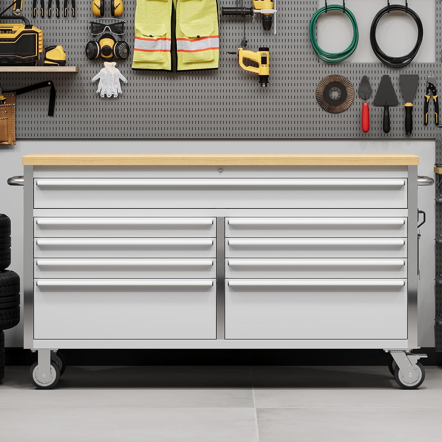 61'' Rolling Tool Chest with 9 Drawers and Wheels, Heavy-Duty Tool Cabinet, Mobile Workbench for Garage, Repair Shop and Tool Room, Stainless Steel Storage, Silver