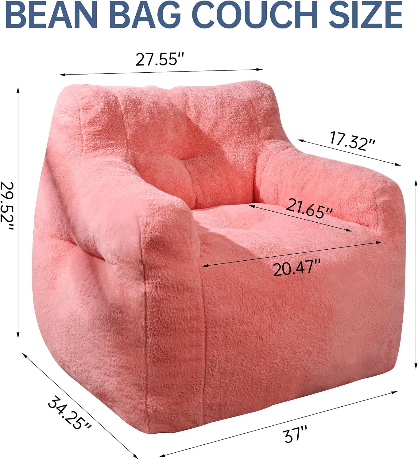 Cvortll 37' Bean Bag Chairs Large Bean Bag Couch for Adults Stuffed Sofa Chair Comfy Giant Bean Bag Chair - Plush Faux Fur Cover, for Reading, Playing or Relaxing (Pink)