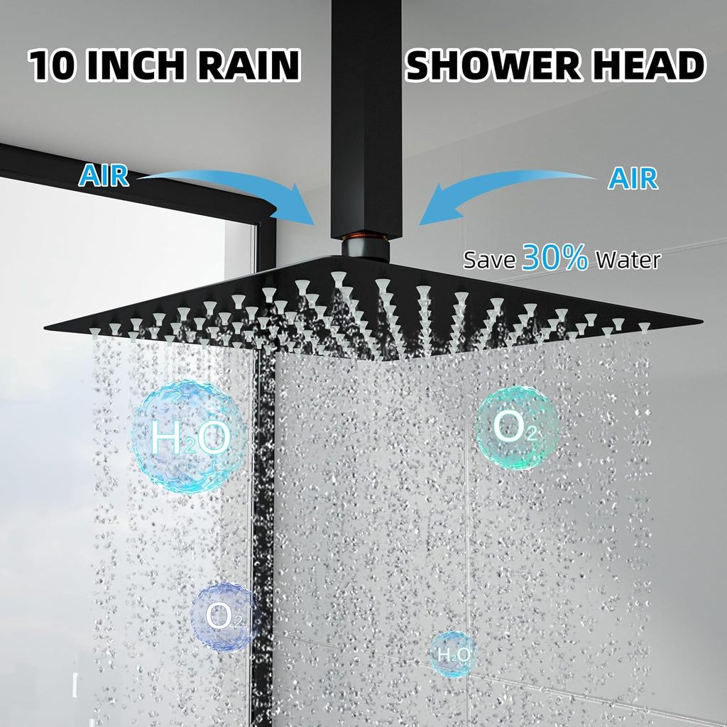 Ceiling Mount Shower System with Tub Spout, 10-Inch High-Pressure Rain Showerhead and Handheld Combo, Matte Black Shower Faucet Set with Rough-in Valve and Trim Kit, All-Metal