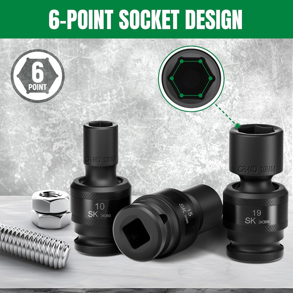 SK 1/2' Drive Universal Swivel Impact Socket Set, Metric Socket Set, 10-Piece, Premium CR-MO Steel, SureGrip 6 Point Design, with Storage Case