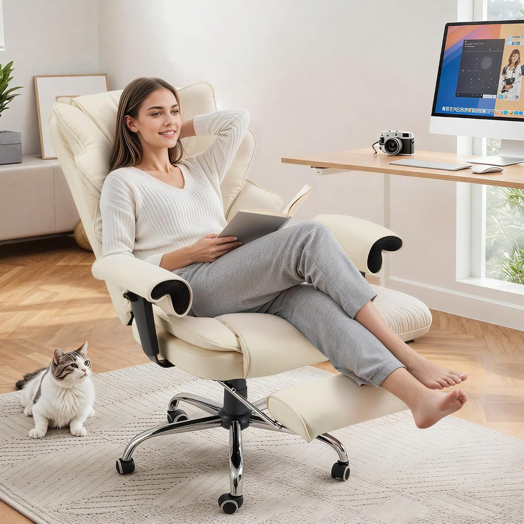 HOMREST Ergonomic Executive Office Chair, 6-Point Massage Manager Chair with Heating Function, Adjustable Backrest Home Office Chair with Adjustable Footrest and Armrests (Beige)