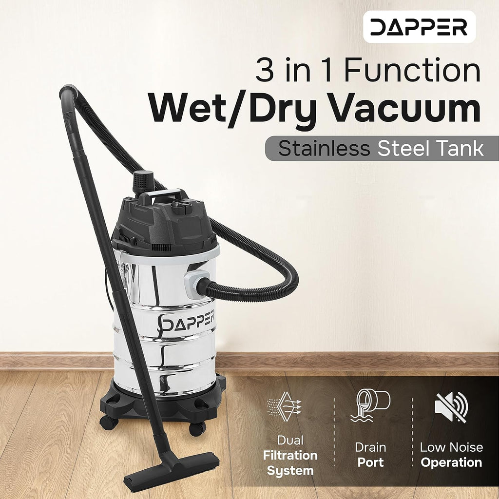 Dapper Supply 10 Gallon 4.0 Peak HP Wet/Dry Vacuum, Stainless Steel Tank, 3 in 1 Function Portable Shop Vacuum with Attachments, Ideal for Jobsite, Garage & Workshop.