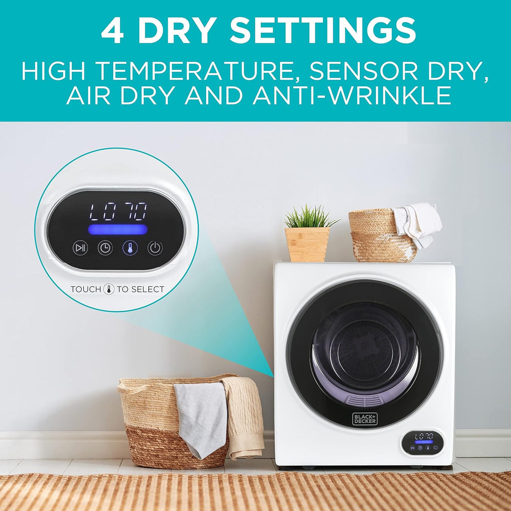 BLACK+DECKER 1.5 Cu. Ft. Compact Dryer, 5.5 lb. Capacity, 850W 120V Vented Electric Drying Machine with Stainless Steel Drum, Portable Dryer for Laundry for Standard Wall Outlet, BCED15, White