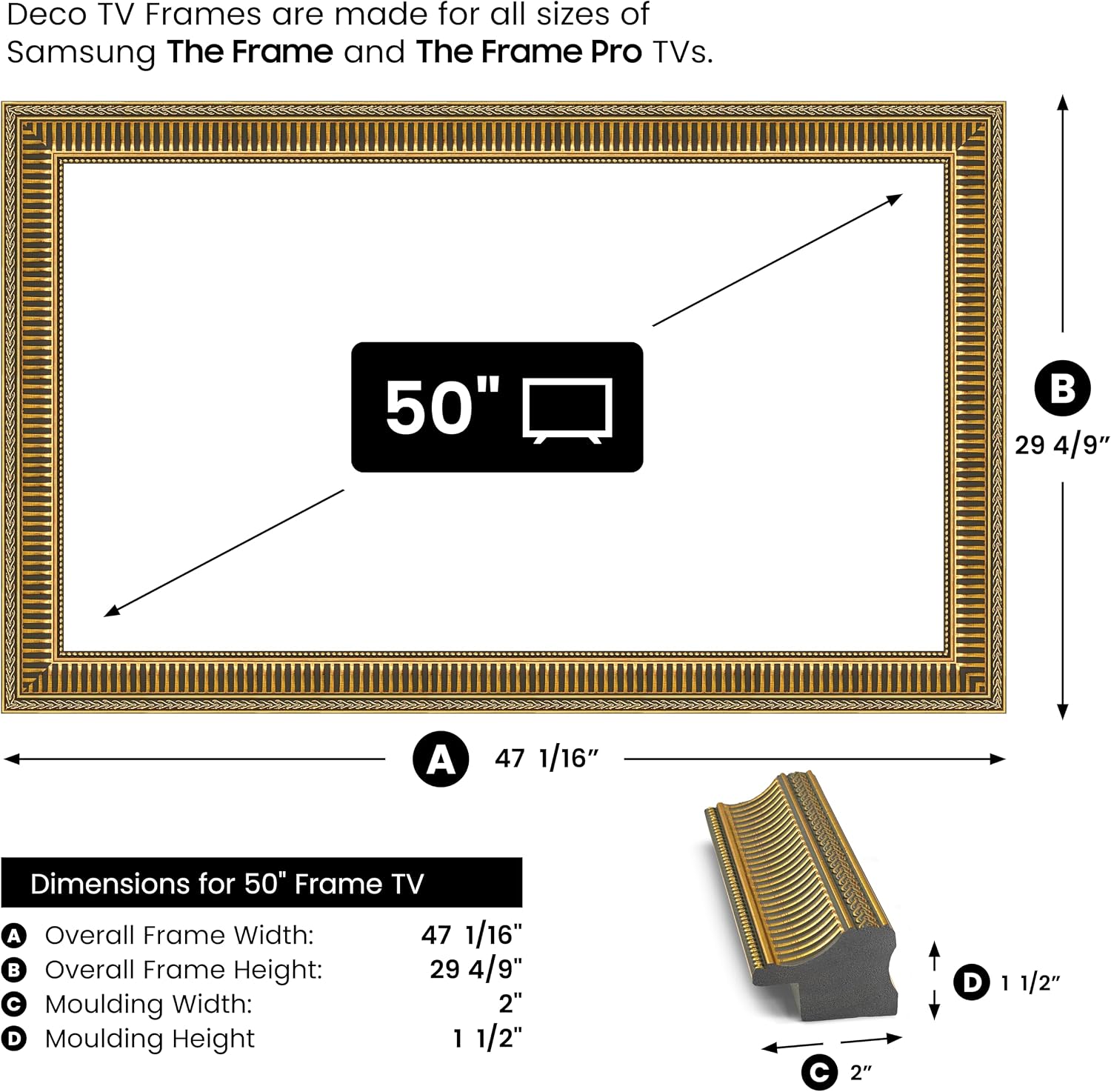 Empire Gold 50' Slim Deco TV Frame - Compatible ONLY with Samsung The Frame TVs (Fits 2021-2026, LS03A, LS03B, LS03C, LS03D, LS03FA)