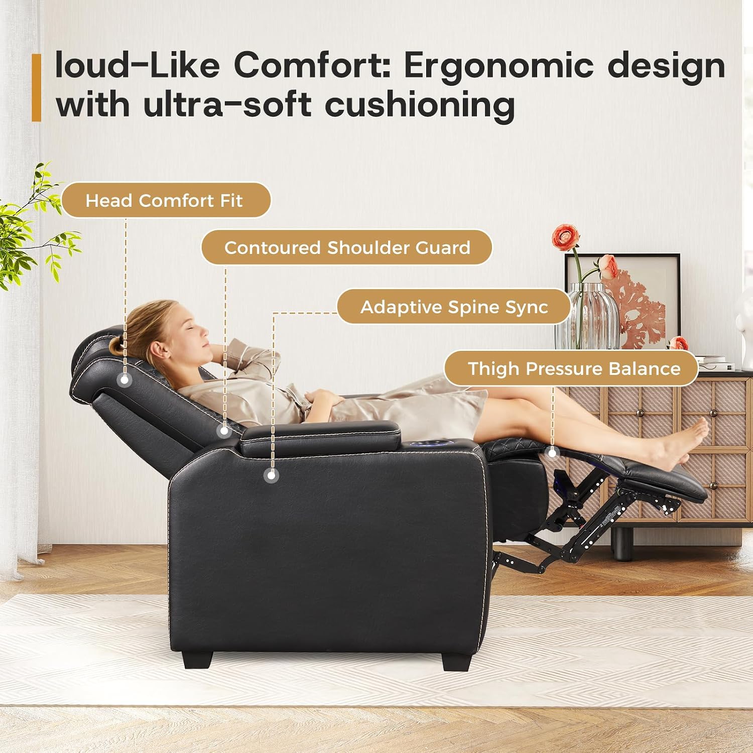 ANJ Power Recliner Home Theater Seating, Electric Recliner Chair with Adjustable Headrest,PU Leather Dual Motor Movie Reclining Chairs with Cup Holders LED Lights,USB Port,Hidden Arm Storage (Black)