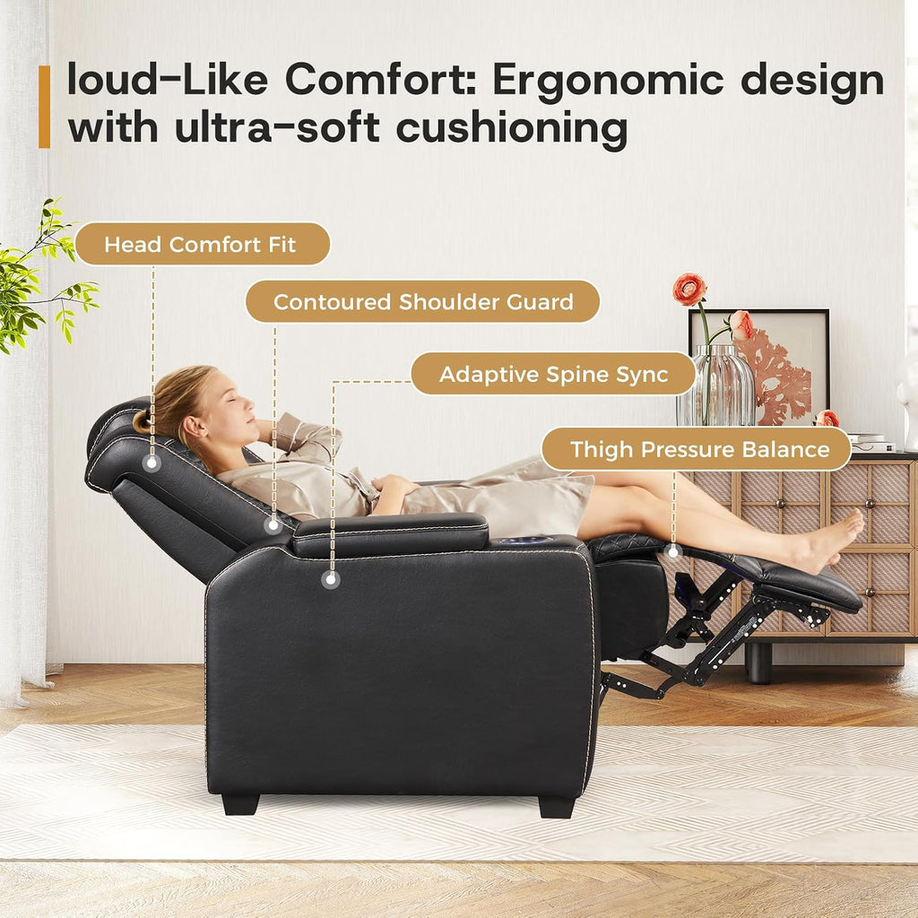 ANJ Power Home Theater Seating Set of 2, PU Leather Electric Recliner Chair with Adjustable Headrest, Movie Reclining Chairs with LED Lights,USB Port, Cup Holders, Hidden Arm Storage (Black)
