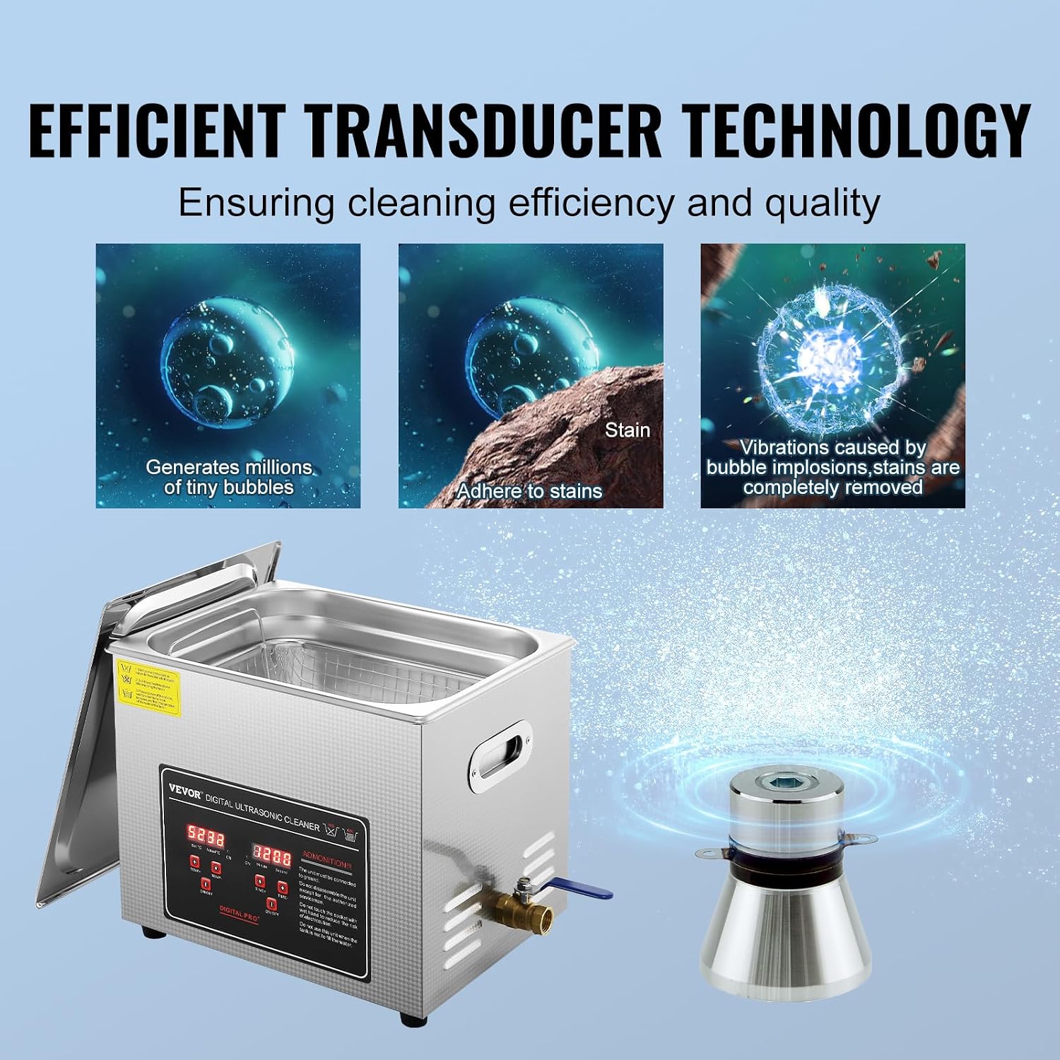 VEVOR Ultrasonic Cleaning with Digital Timer & Heater, Professional Ultra Sonic Jewelry Cleaner, Stainless Steel Heated Cleaning Machine for Glasses Watch Rings Small Parts Circuit Board (10L)