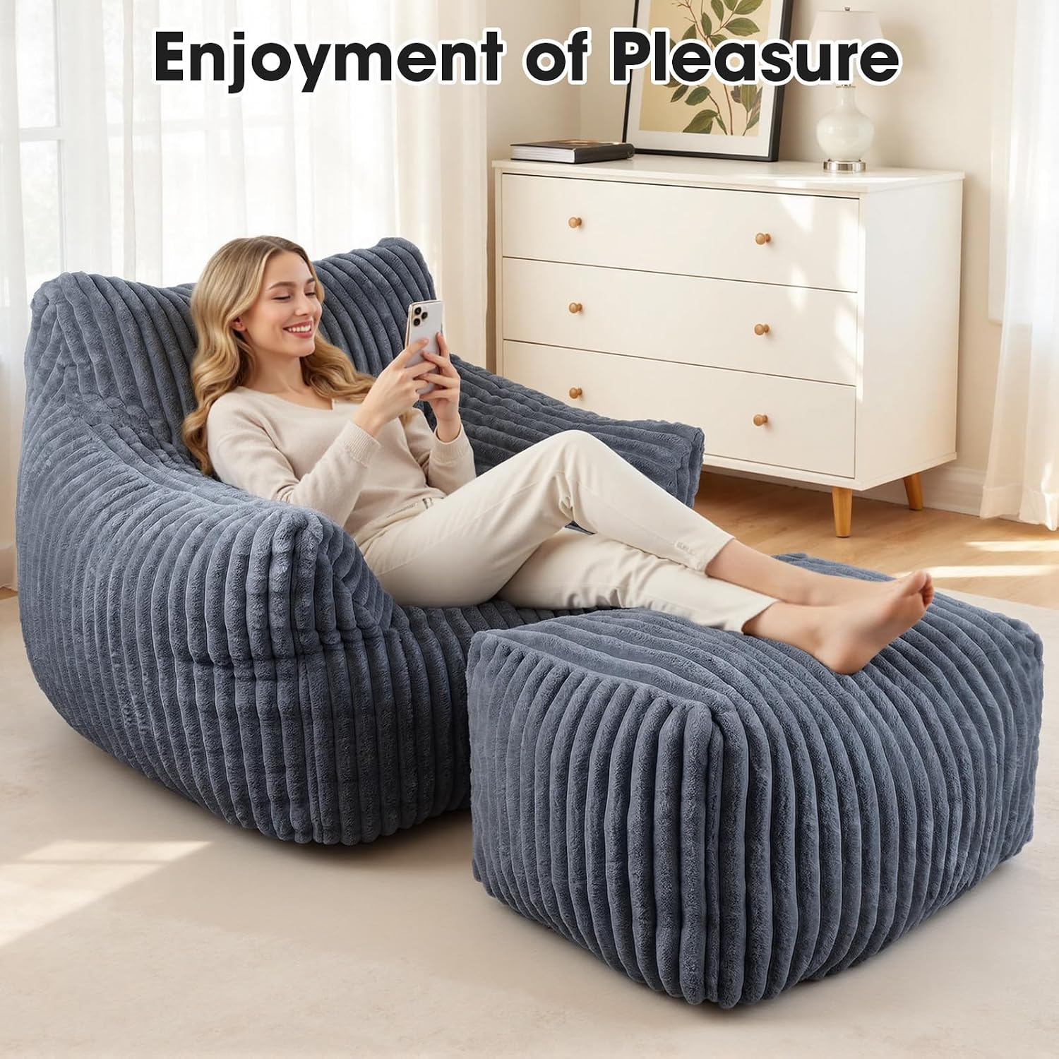 Giant Bean Bag Chair with Ottoman, Oversized Memory Foam Bean Bag Sofa for Adults and Kids, Large Comfy Fluffy Single Lounges Mini Couch for Living Room, Bedroom & Dorm(Gray)