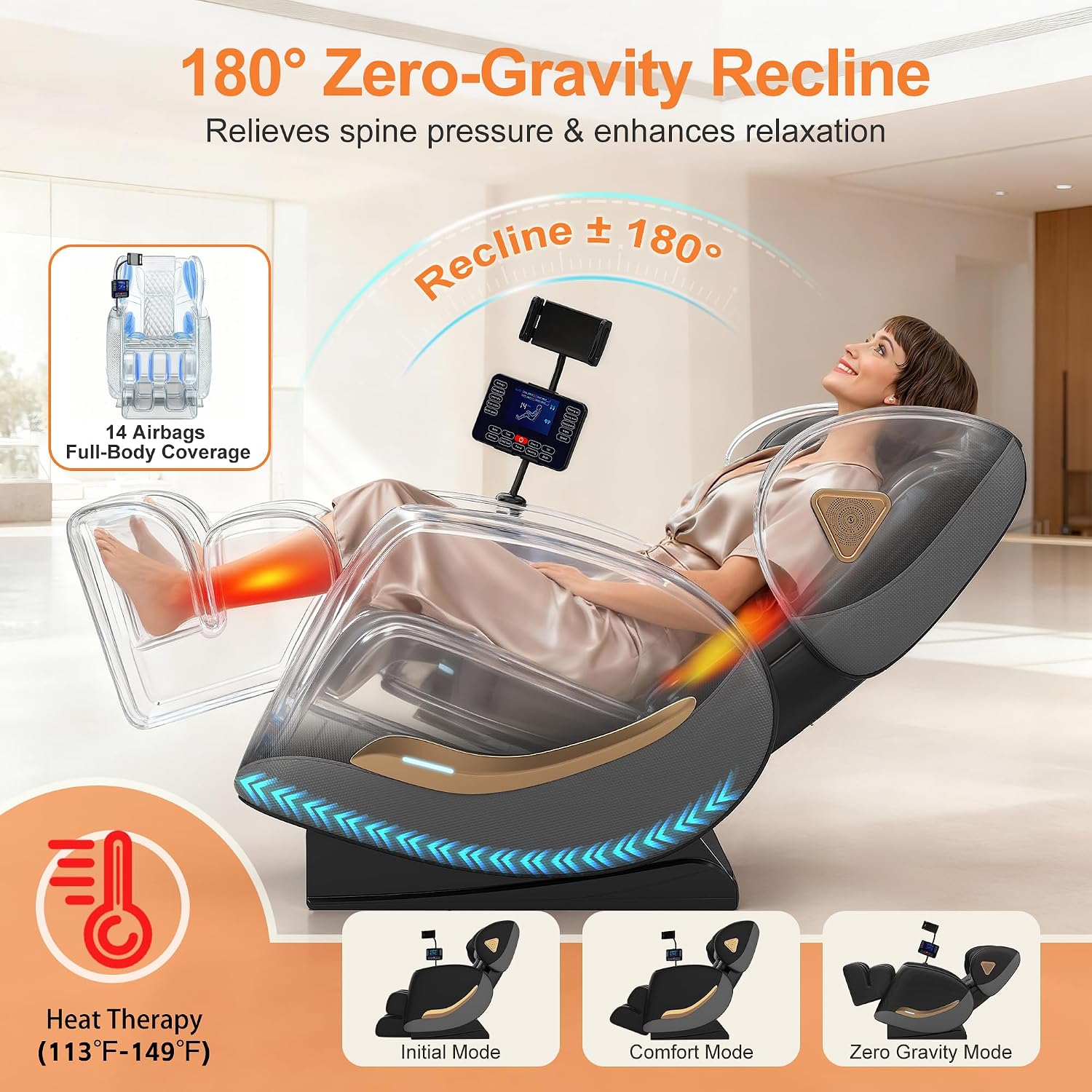 Massage Chair Full Body and Recliner, Zero Gravity Massage Chairs, 10 Fix Rollers, Airbags, Heating, Foot Massage, Auto Modes, Bluetooth Speaker and Touch Control Screen for Home and Office (Black)