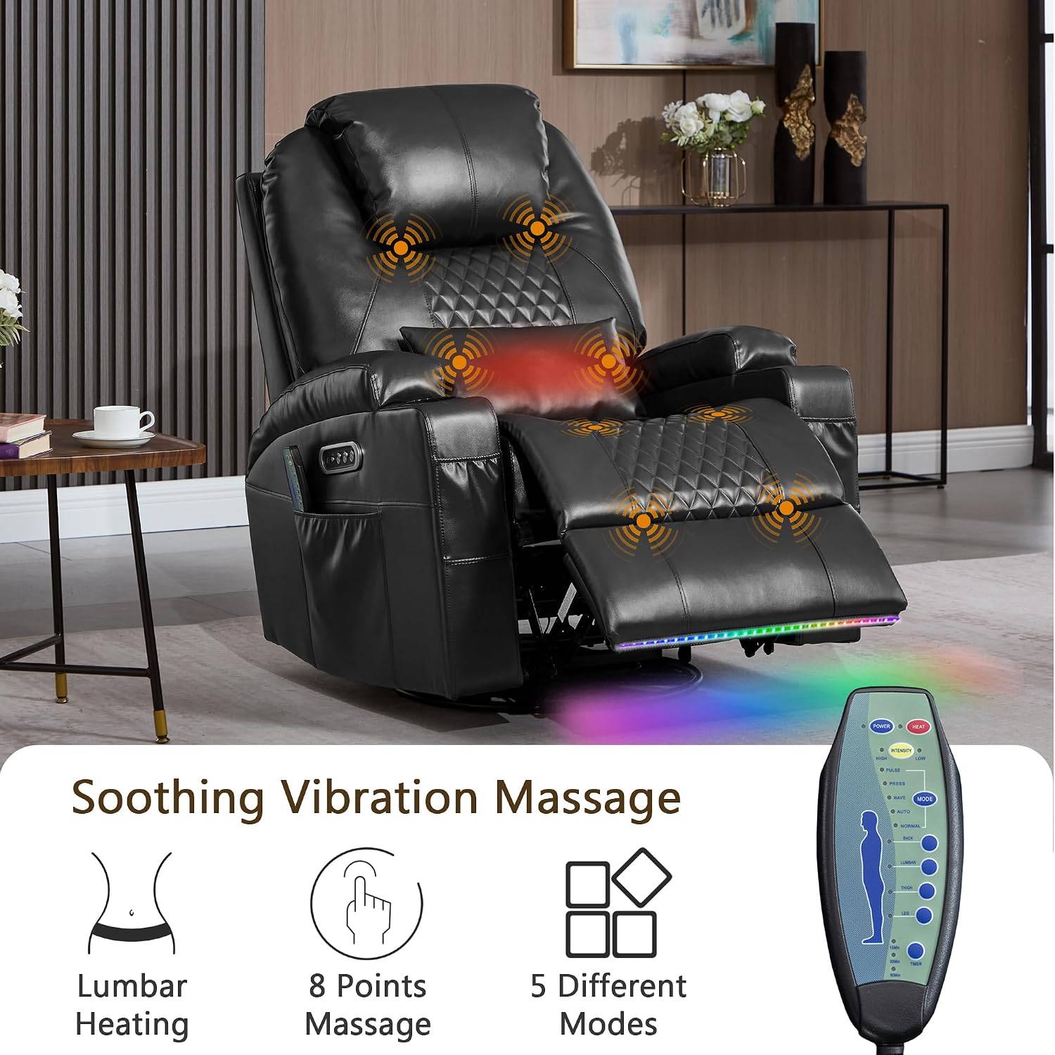 Dual Motor Power Swivel Rocker Recliner Chair with Heat and Massage,Electric Glider Rocking Chairs for Nursery,Theater Seating with LED Lights, USB A/USB C Ports for Living Room (1, Black)