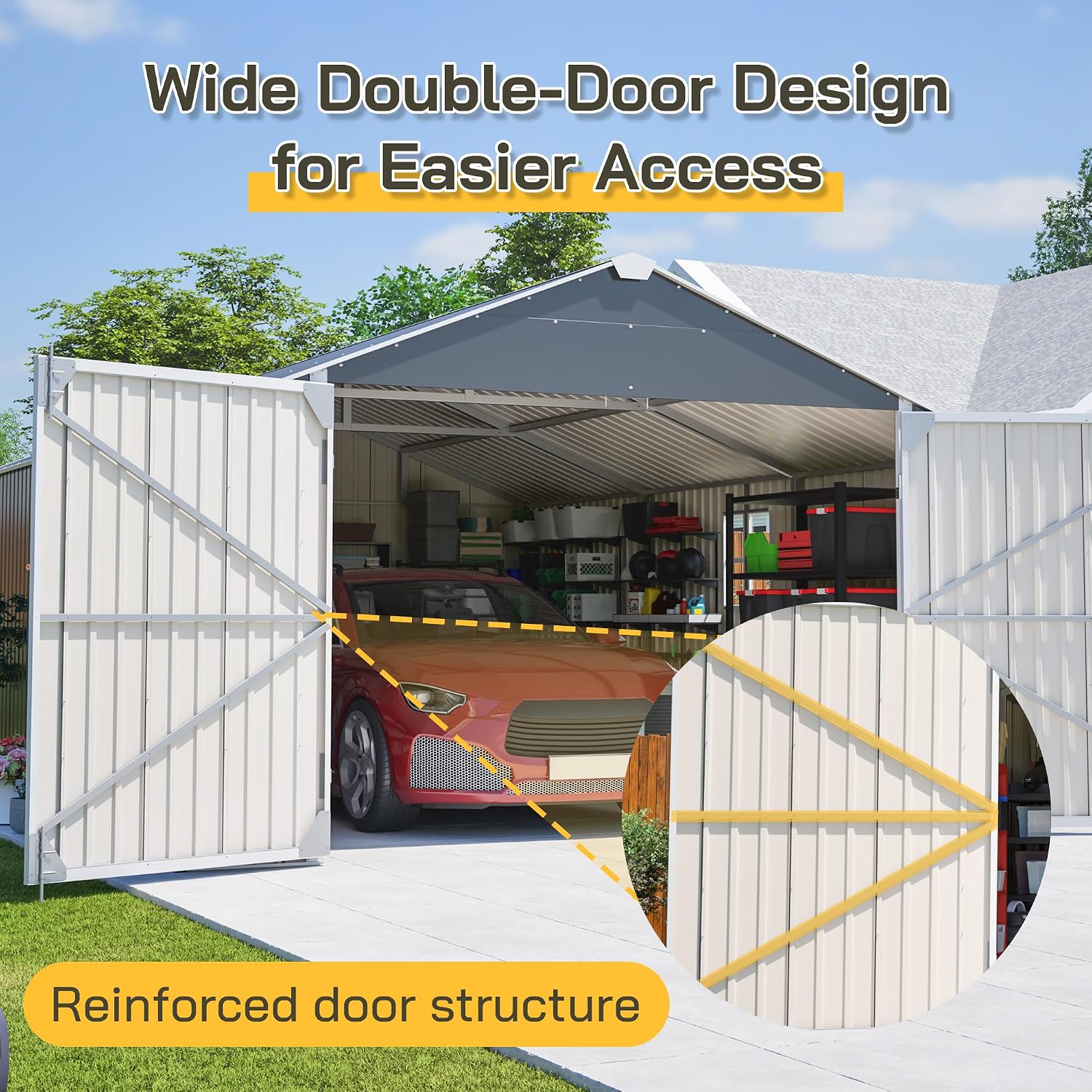 KEIKI 12x20 FT Outdoor Metal Storage Shed Garage with Double Doors, Large Capacity Steel Utility Shed for Vehicle Equipment and Garden Tool Storage, Weather Resistant Backyard Shed